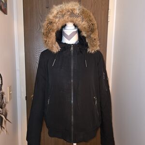 Calvin Klein Black Bomber Jacket with Tan Faux Fur Hood